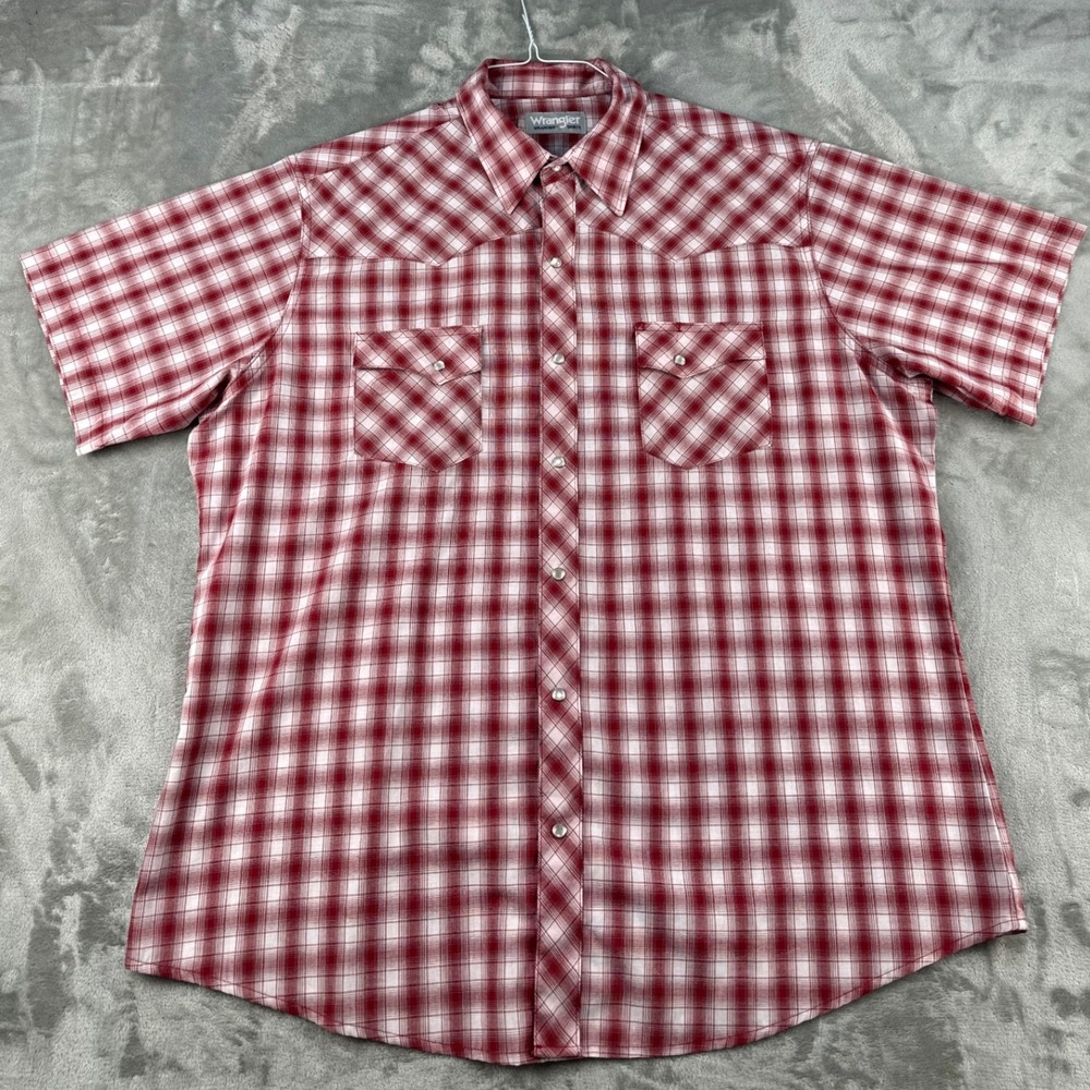 Wrangler Shirt Mens XL Wrancher Red Plaid Short Sleeve Pearl Snap Western EUC